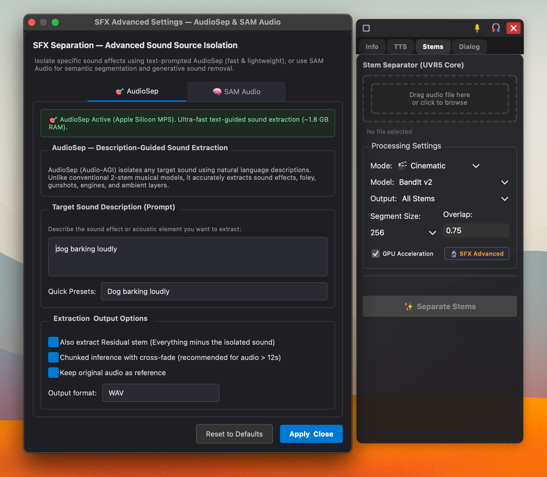Stems separation screenshot